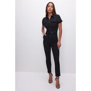 Good American Jumpsuit Womens Black Wash Utility Denim Zip Front
